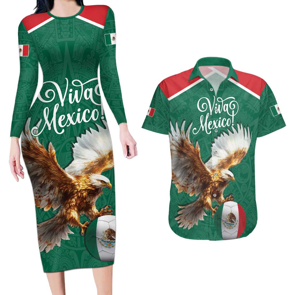 Personalized Viva Mexico Football Couples Matching Long Sleeve Bodycon Dress and Hawaiian Shirt Mexican Eagle Mascot with Sporty Style