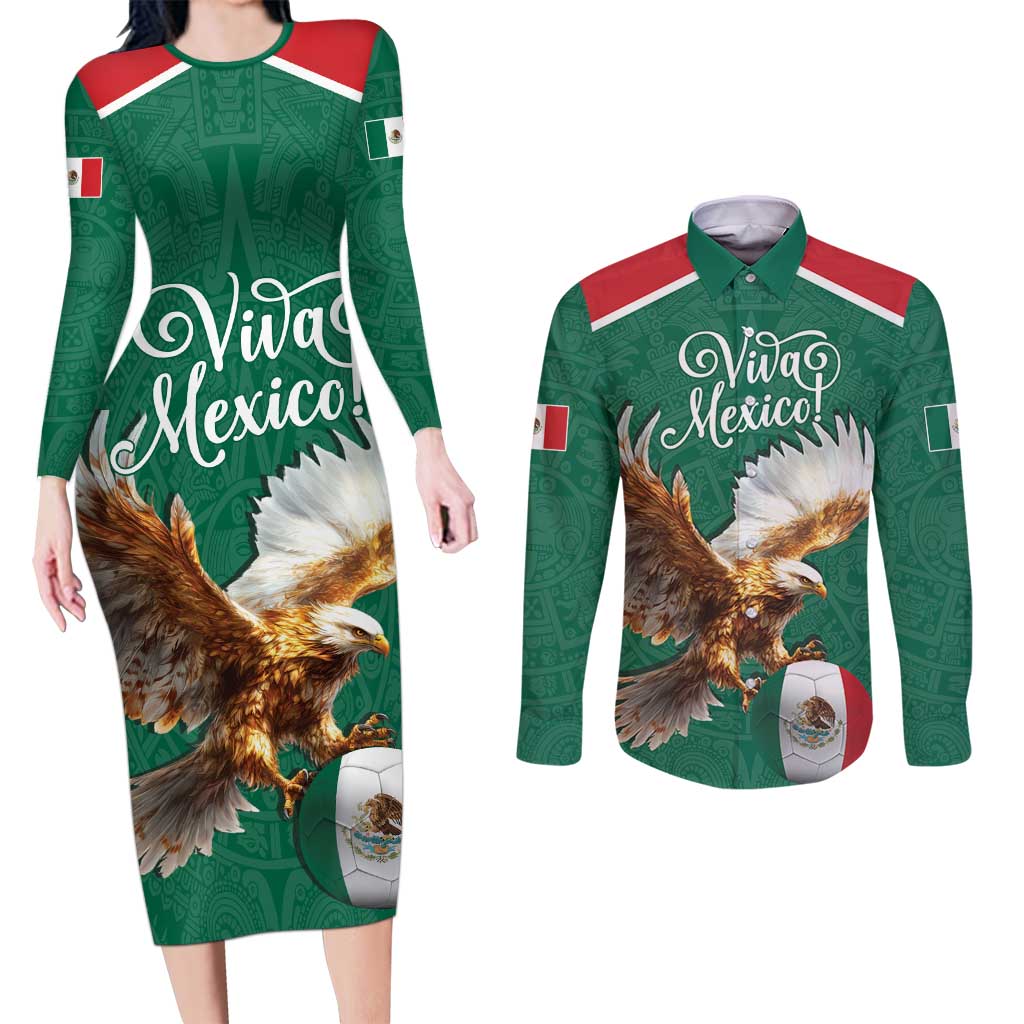 Personalized Viva Mexico Football Couples Matching Long Sleeve Bodycon Dress and Long Sleeve Button Shirt Mexican Eagle Mascot with Sporty Style