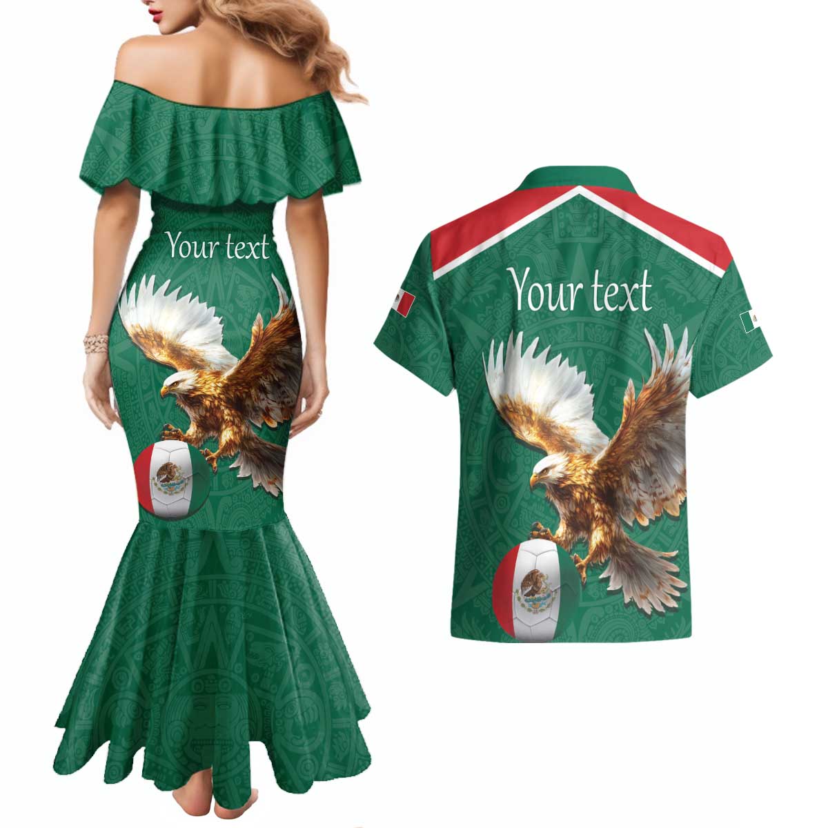 Personalized Viva Mexico Football Couples Matching Mermaid Dress and Hawaiian Shirt Mexican Eagle Mascot with Sporty Style