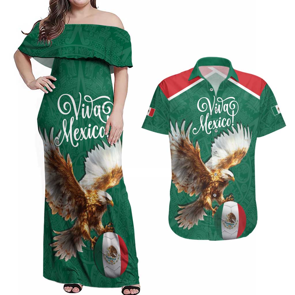 Personalized Viva Mexico Football Couples Matching Off Shoulder Maxi Dress and Hawaiian Shirt Mexican Eagle Mascot with Sporty Style