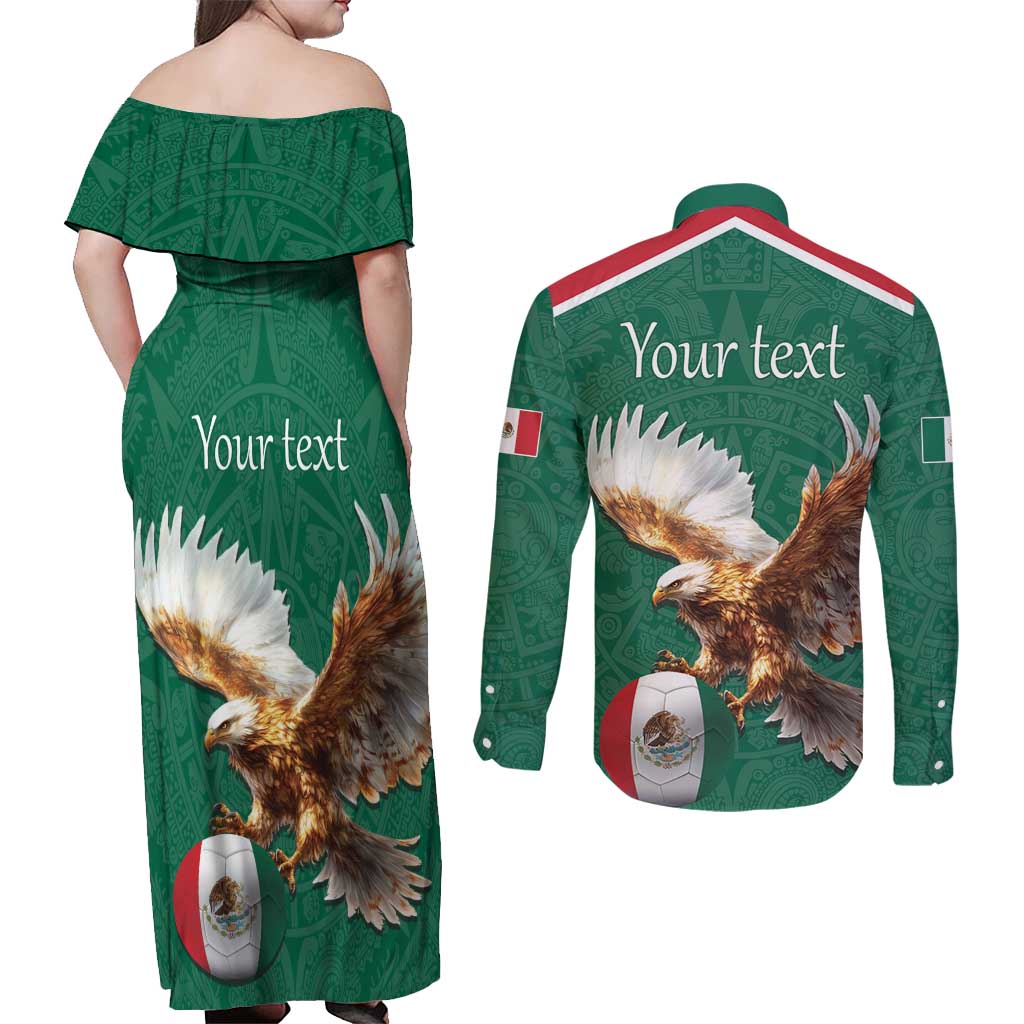Personalized Viva Mexico Football Couples Matching Off Shoulder Maxi Dress and Long Sleeve Button Shirt Mexican Eagle Mascot with Sporty Style