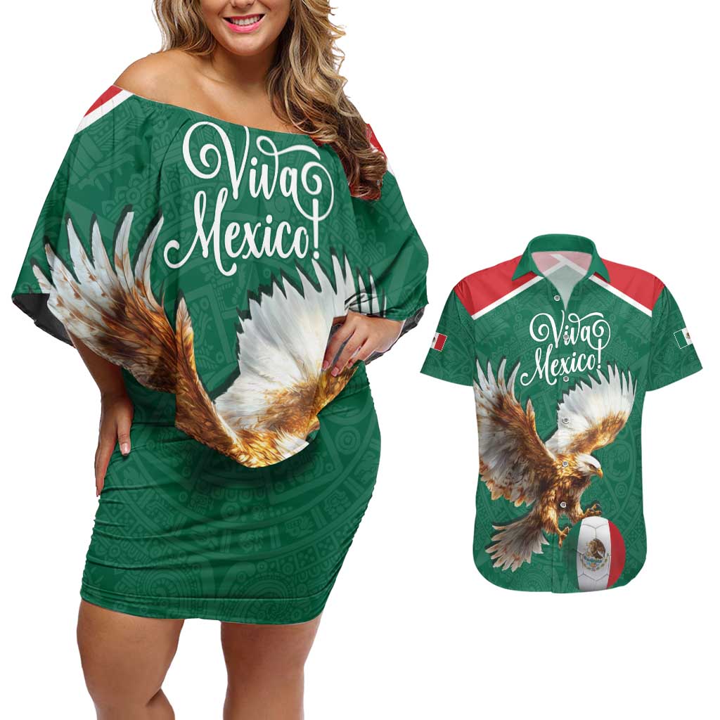 Personalized Viva Mexico Football Couples Matching Off Shoulder Short Dress and Hawaiian Shirt Mexican Eagle Mascot with Sporty Style