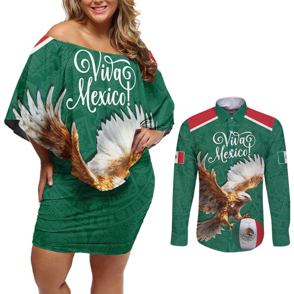 Personalized Viva Mexico Football Couples Matching Off Shoulder Short Dress and Long Sleeve Button Shirt Mexican Eagle Mascot with Sporty Style