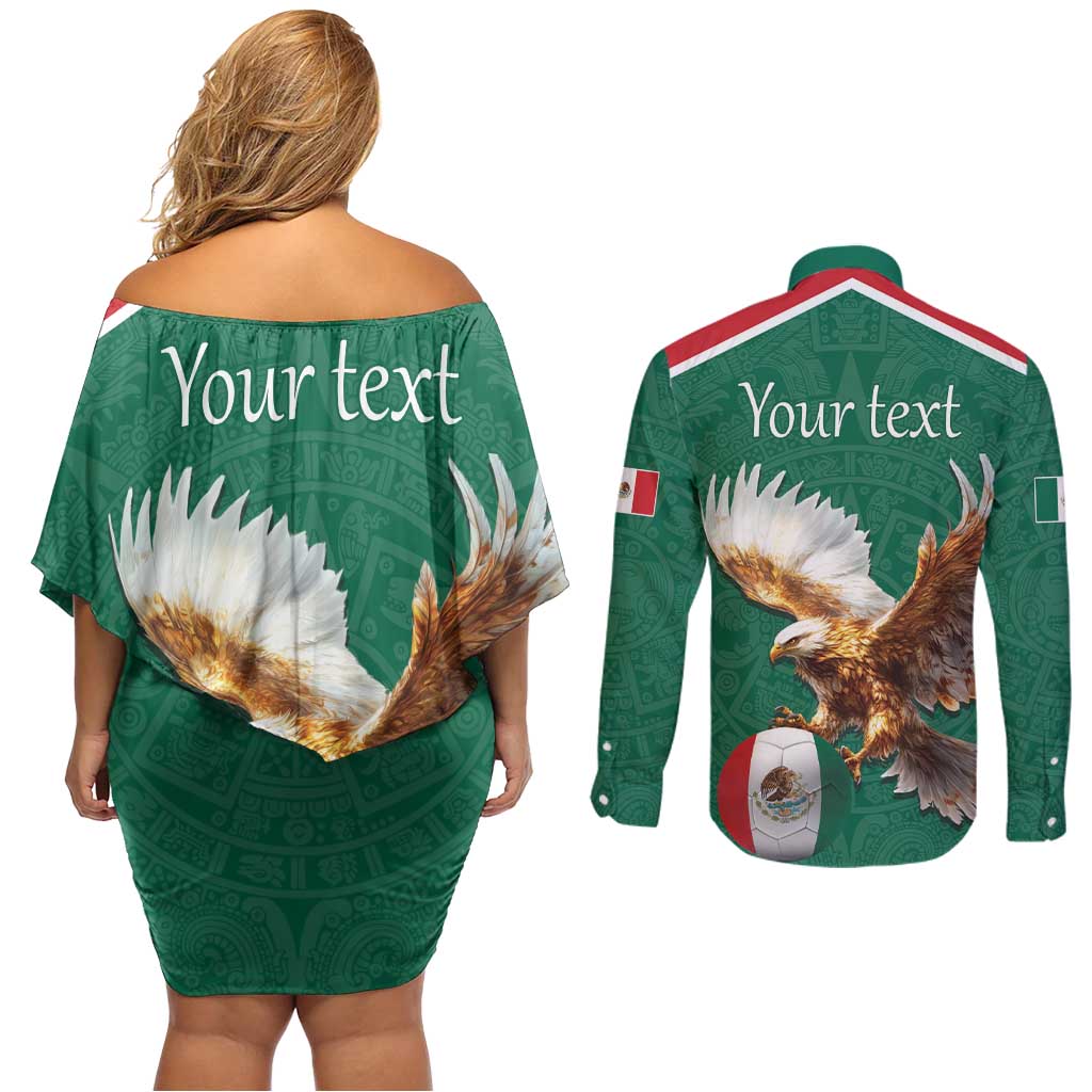 Personalized Viva Mexico Football Couples Matching Off Shoulder Short Dress and Long Sleeve Button Shirt Mexican Eagle Mascot with Sporty Style