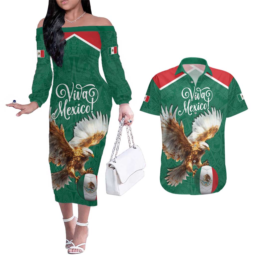 Personalized Viva Mexico Football Couples Matching Off The Shoulder Long Sleeve Dress and Hawaiian Shirt Mexican Eagle Mascot with Sporty Style