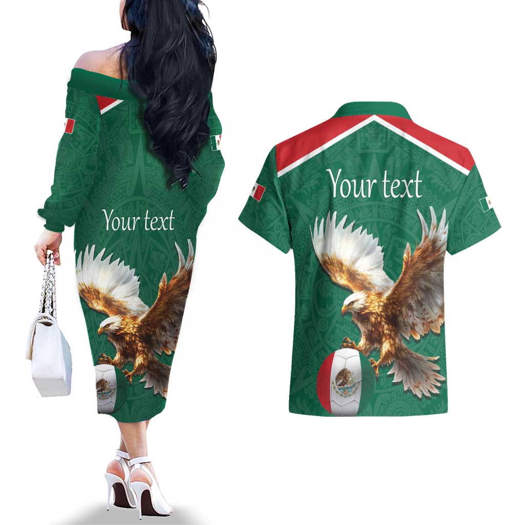 Personalized Viva Mexico Football Couples Matching Off The Shoulder Long Sleeve Dress and Hawaiian Shirt Mexican Eagle Mascot with Sporty Style