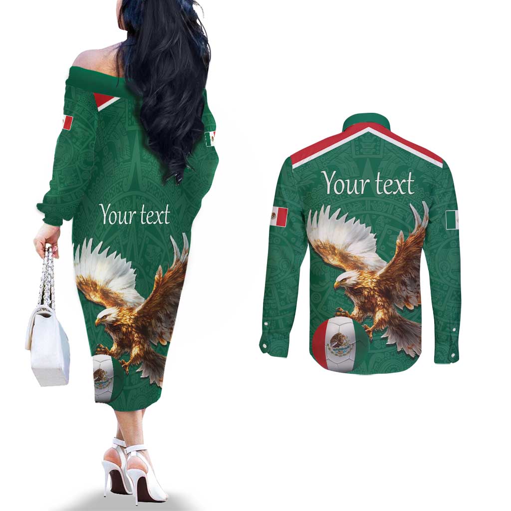 Personalized Viva Mexico Football Couples Matching Off The Shoulder Long Sleeve Dress and Long Sleeve Button Shirt Mexican Eagle Mascot with Sporty Style