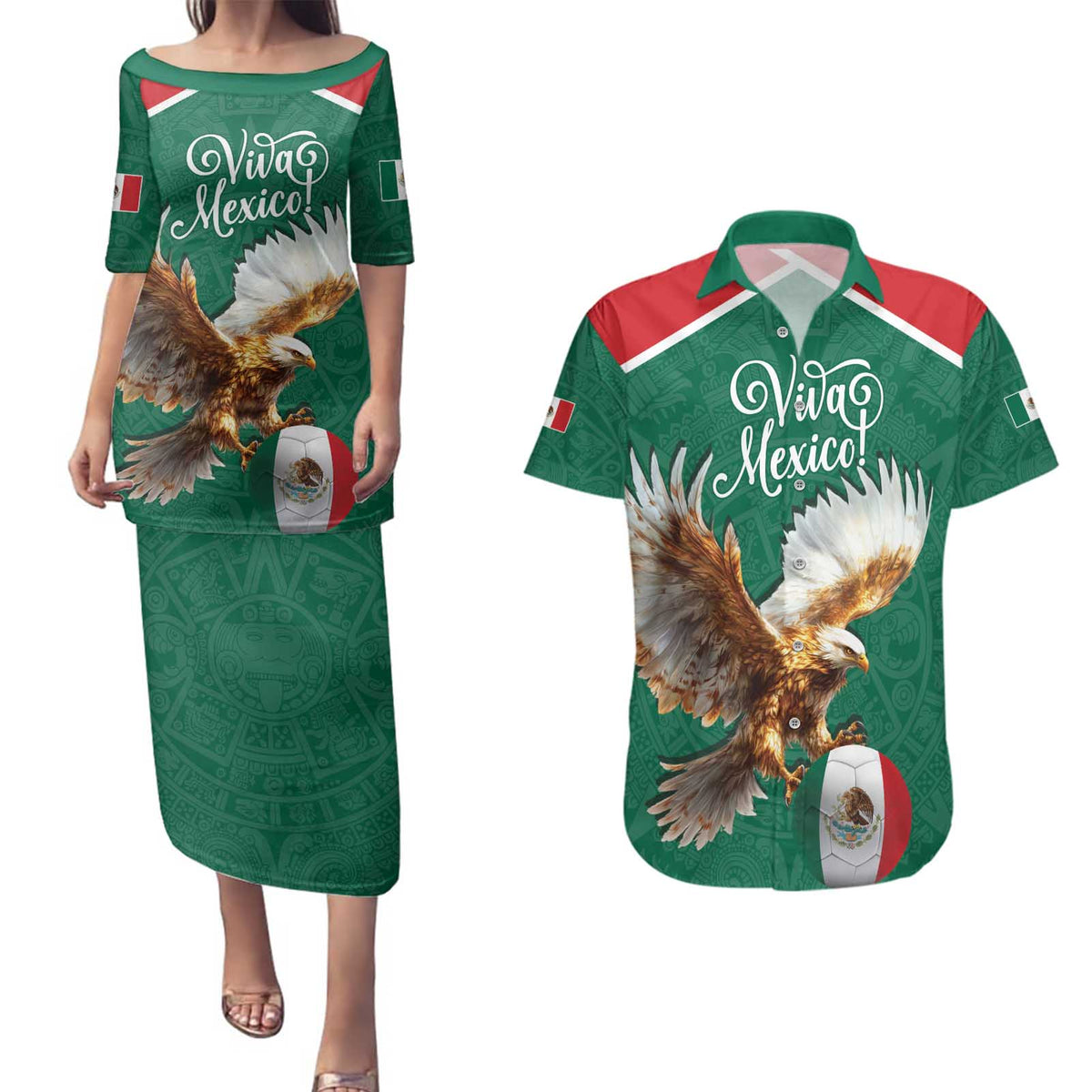 Personalized Viva Mexico Football Couples Matching Puletasi and Hawaiian Shirt Mexican Eagle Mascot with Sporty Style