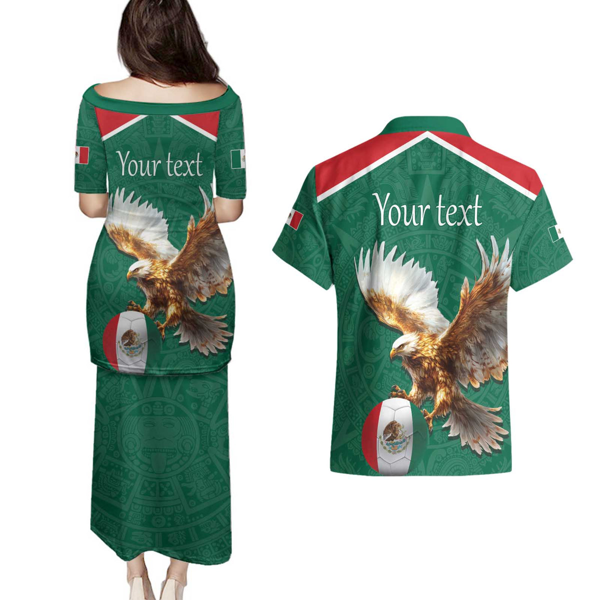Personalized Viva Mexico Football Couples Matching Puletasi and Hawaiian Shirt Mexican Eagle Mascot with Sporty Style