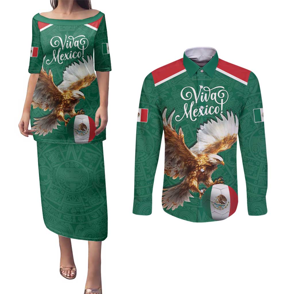 Personalized Viva Mexico Football Couples Matching Puletasi and Long Sleeve Button Shirt Mexican Eagle Mascot with Sporty Style
