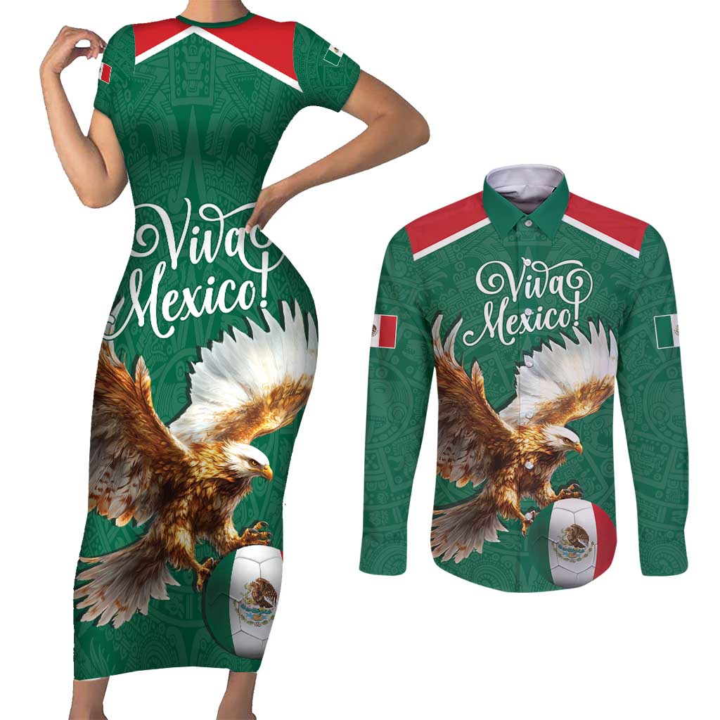 Personalized Viva Mexico Football Couples Matching Short Sleeve Bodycon Dress and Long Sleeve Button Shirt Mexican Eagle Mascot with Sporty Style