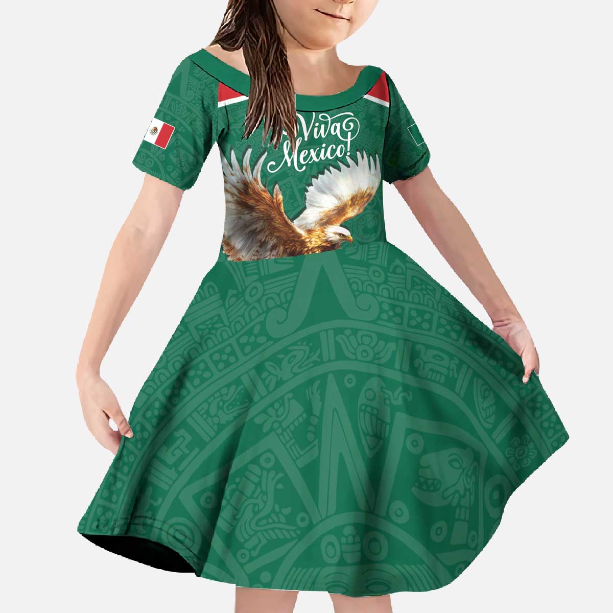 Personalized Viva Mexico Football Family Matching Off The Shoulder Long Sleeve Dress and Hawaiian Shirt Mexican Eagle Mascot with Sporty Style