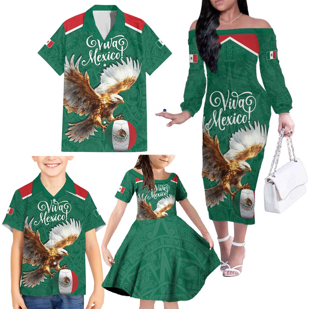 Personalized Viva Mexico Football Family Matching Off The Shoulder Long Sleeve Dress and Hawaiian Shirt Mexican Eagle Mascot with Sporty Style