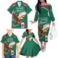 Personalized Viva Mexico Football Family Matching Off The Shoulder Long Sleeve Dress and Hawaiian Shirt Mexican Eagle Mascot with Sporty Style