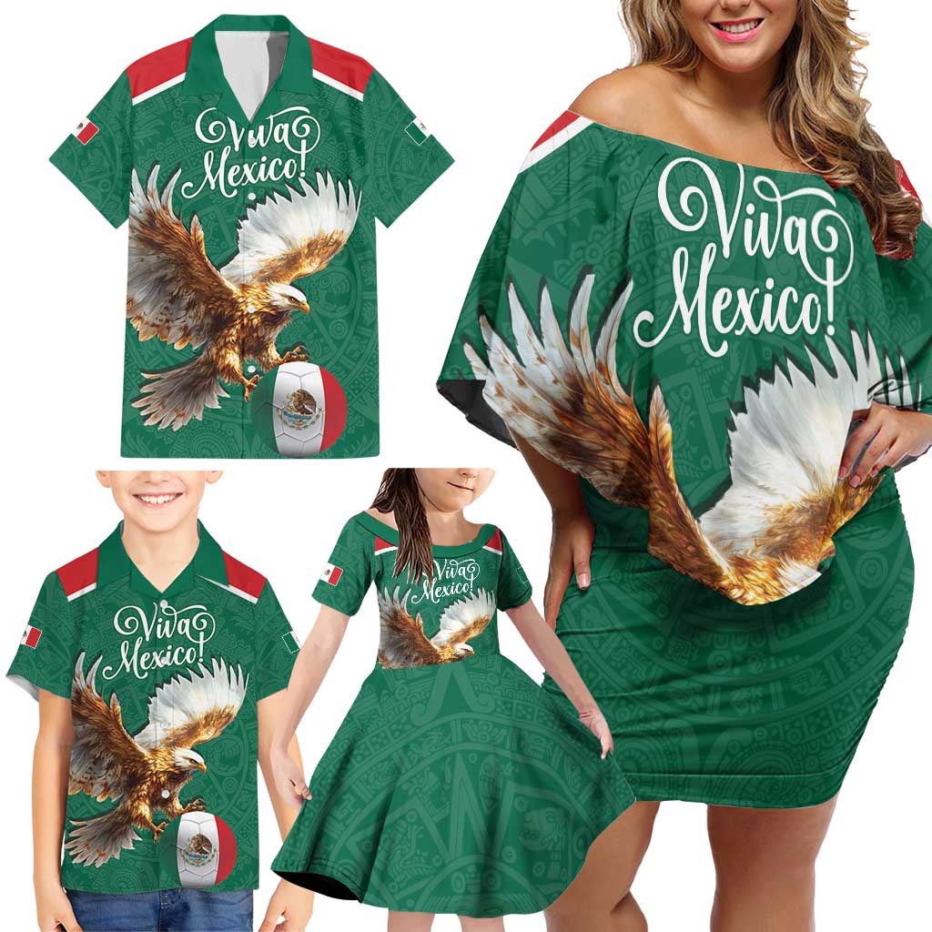 Personalized Viva Mexico Football Family Matching Off Shoulder Short Dress and Hawaiian Shirt Mexican Eagle Mascot with Sporty Style