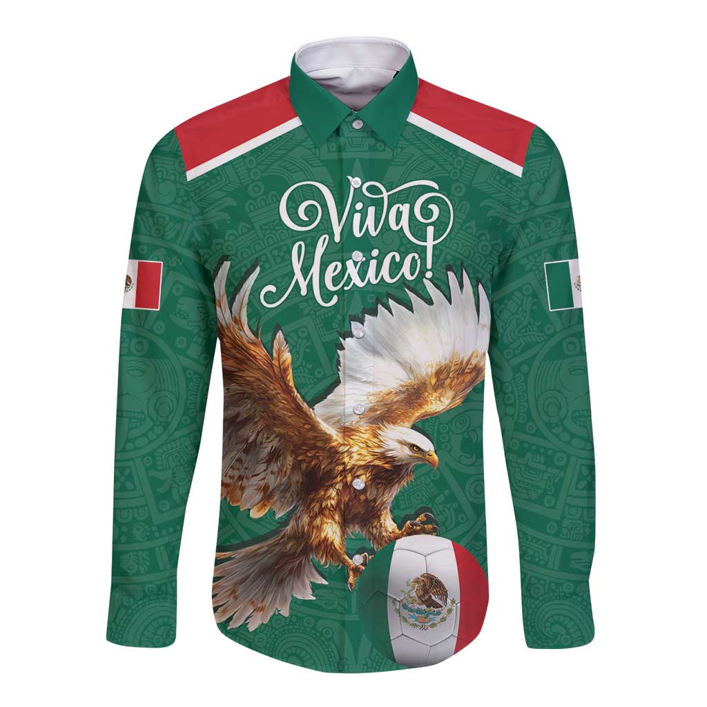 Personalized Viva Mexico Football Long Sleeve Button Shirt Mexican Eagle Mascot with Sporty Style