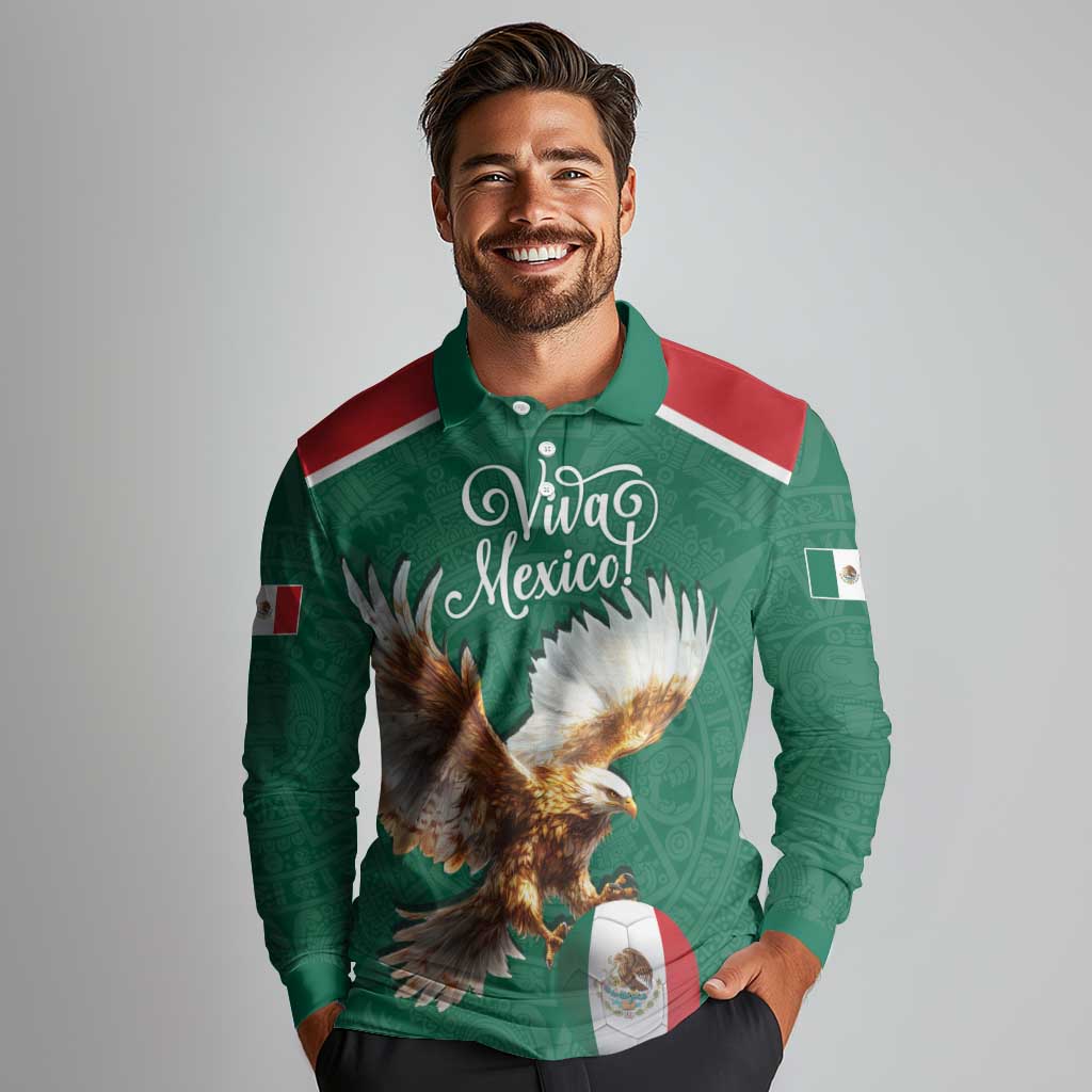 Personalized Viva Mexico Football Long Sleeve Polo Shirt Mexican Eagle Mascot with Sporty Style