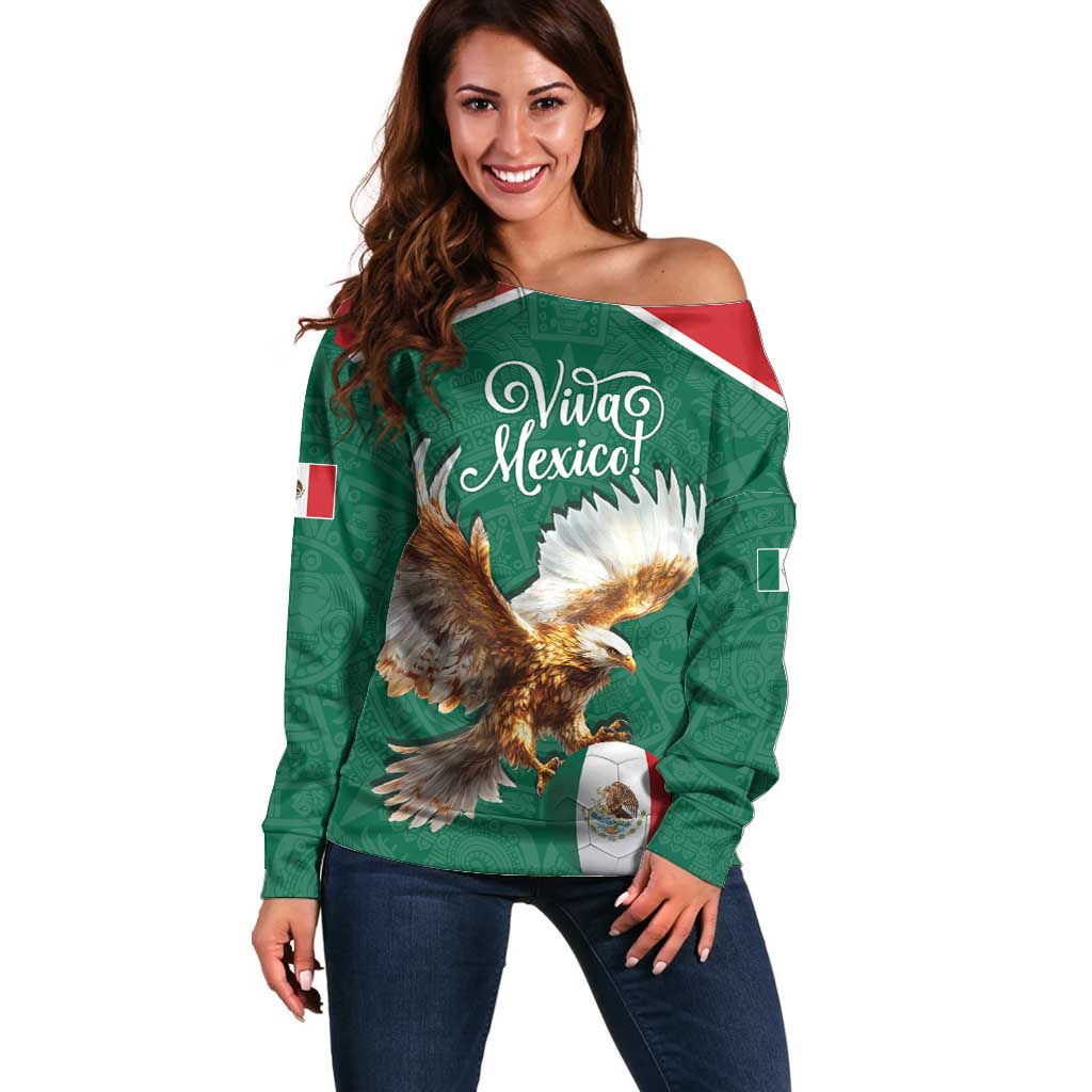 Personalized Viva Mexico Football Off Shoulder Sweater Mexican Eagle Mascot with Sporty Style