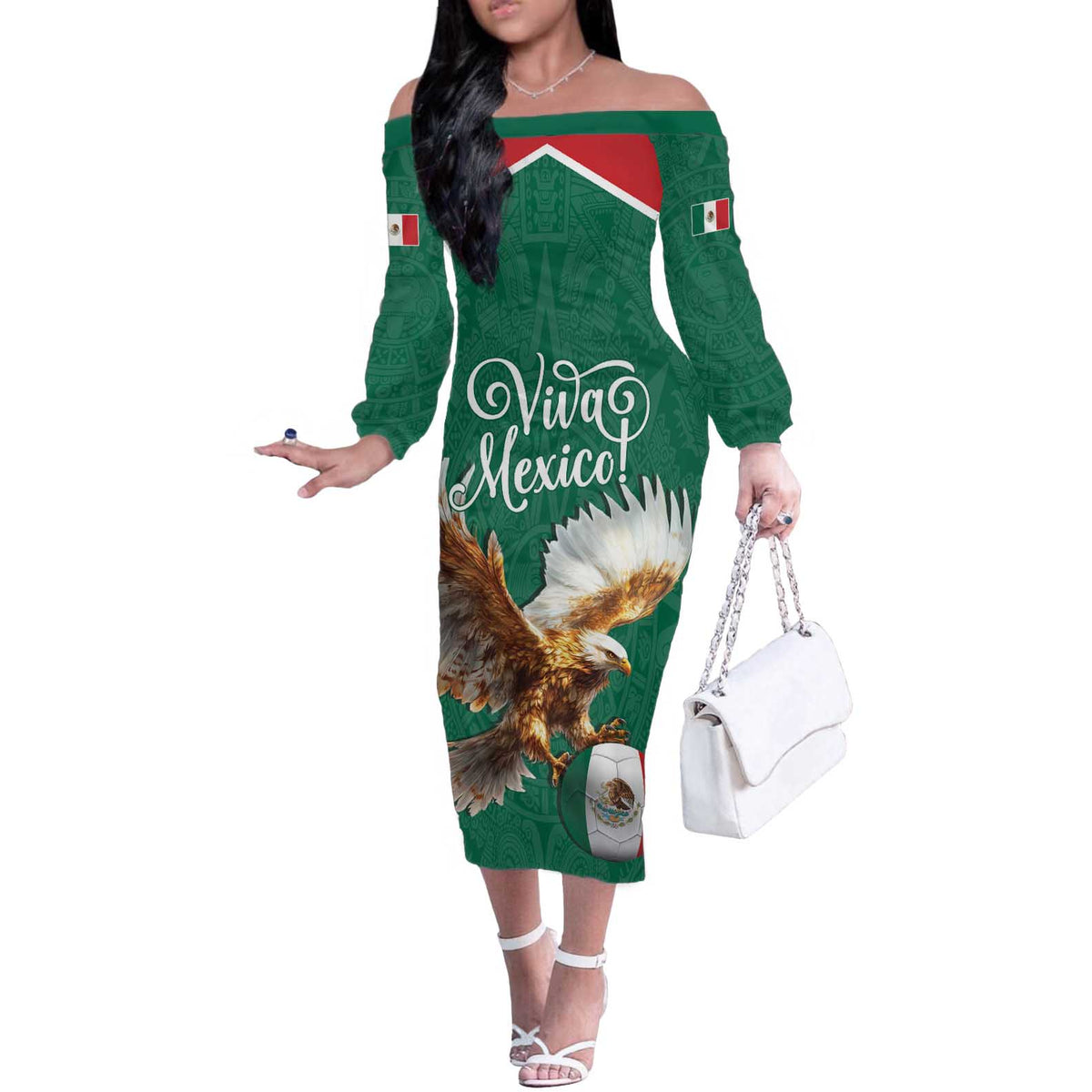 Personalized Viva Mexico Football Off The Shoulder Long Sleeve Dress Mexican Eagle Mascot with Sporty Style