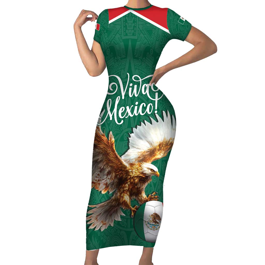 Personalized Viva Mexico Football Short Sleeve Bodycon Dress Mexican Eagle Mascot with Sporty Style