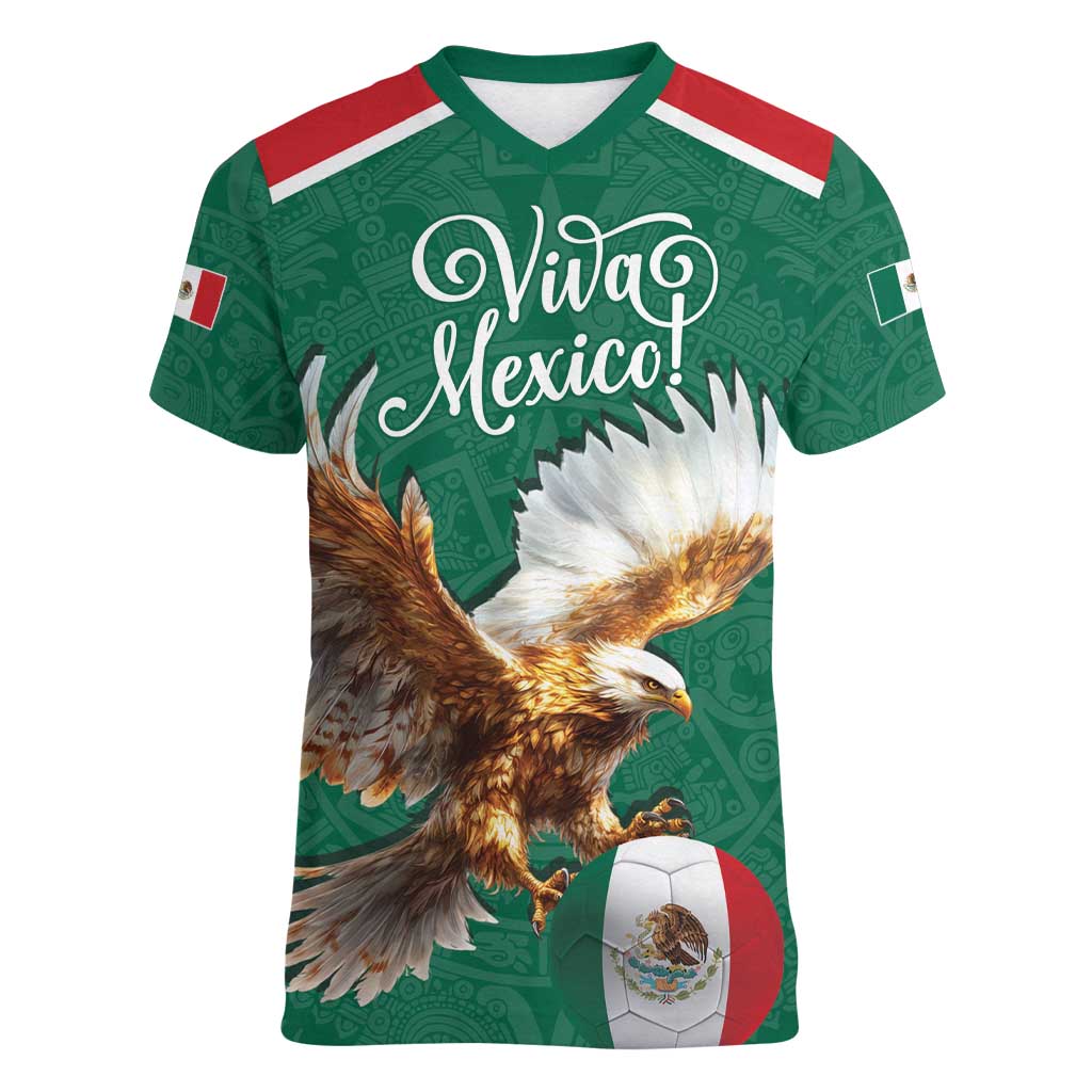 Personalized Viva Mexico Football Women V-Neck T-Shirt Mexican Eagle Mascot with Sporty Style