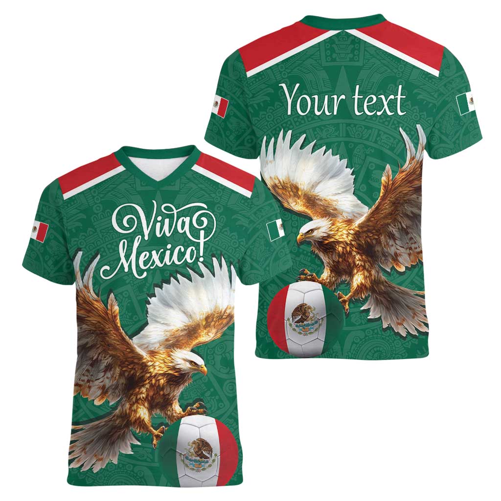 Personalized Viva Mexico Football Women V-Neck T-Shirt Mexican Eagle Mascot with Sporty Style