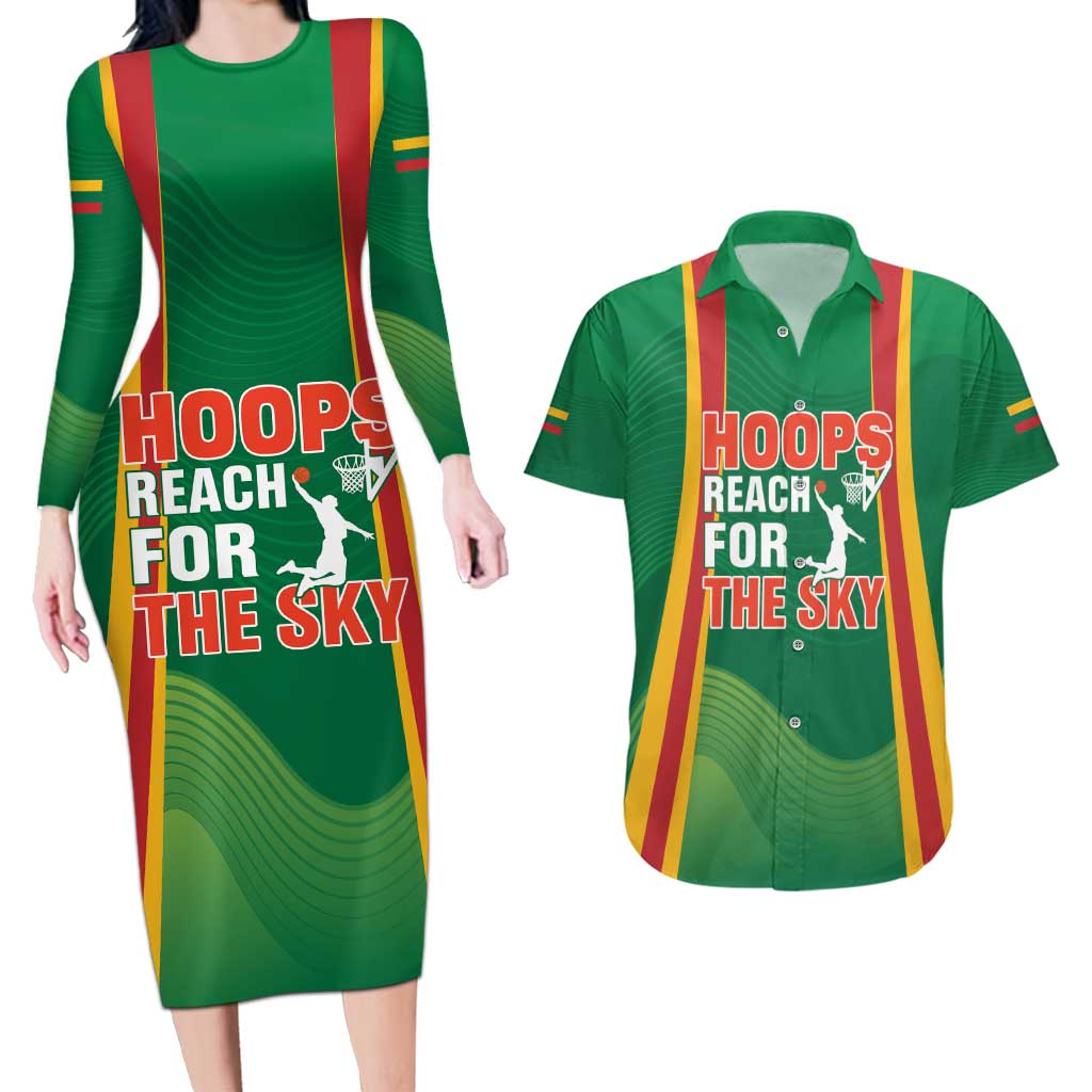 Custom Lithuania Basketball Couples Matching Long Sleeve Bodycon Dress and Hawaiian Shirt Hoops Reach For the Sky