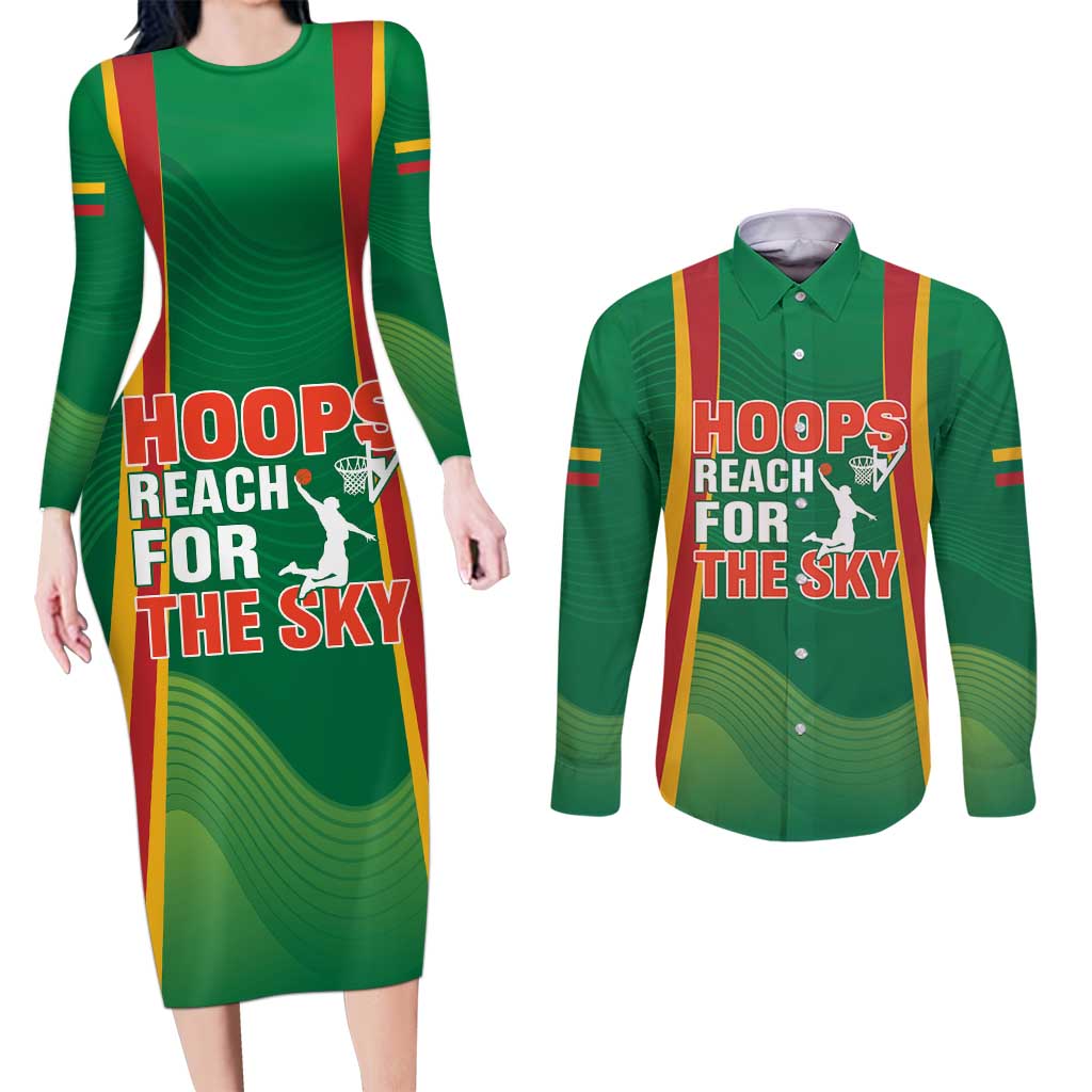 Custom Lithuania Basketball Couples Matching Long Sleeve Bodycon Dress and Long Sleeve Button Shirt Hoops Reach For the Sky