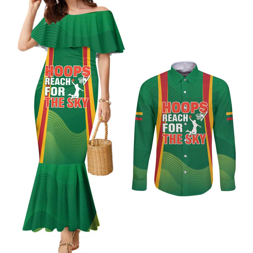 Custom Lithuania Basketball Couples Matching Mermaid Dress and Long Sleeve Button Shirt Hoops Reach For the Sky