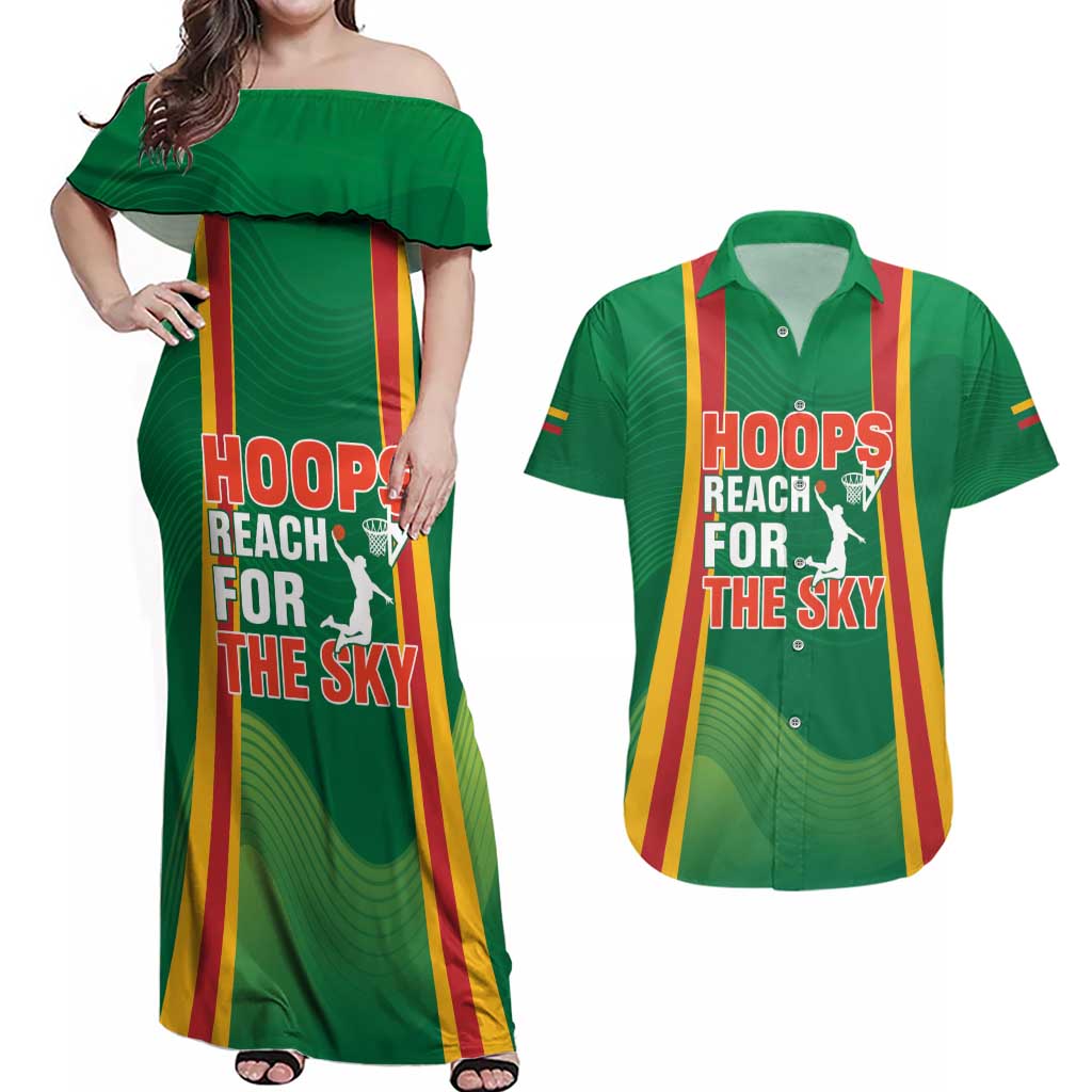 Custom Lithuania Basketball Couples Matching Off Shoulder Maxi Dress and Hawaiian Shirt Hoops Reach For the Sky