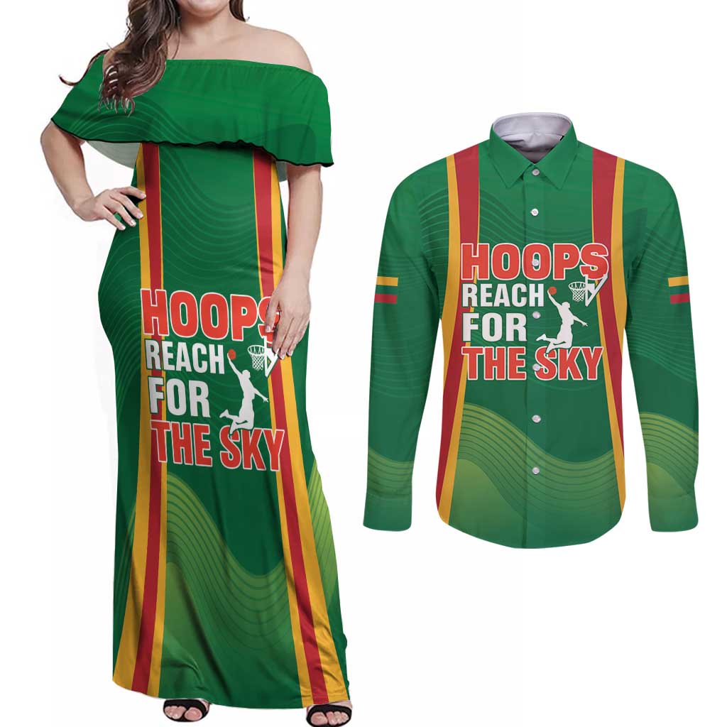 Custom Lithuania Basketball Couples Matching Off Shoulder Maxi Dress and Long Sleeve Button Shirt Hoops Reach For the Sky