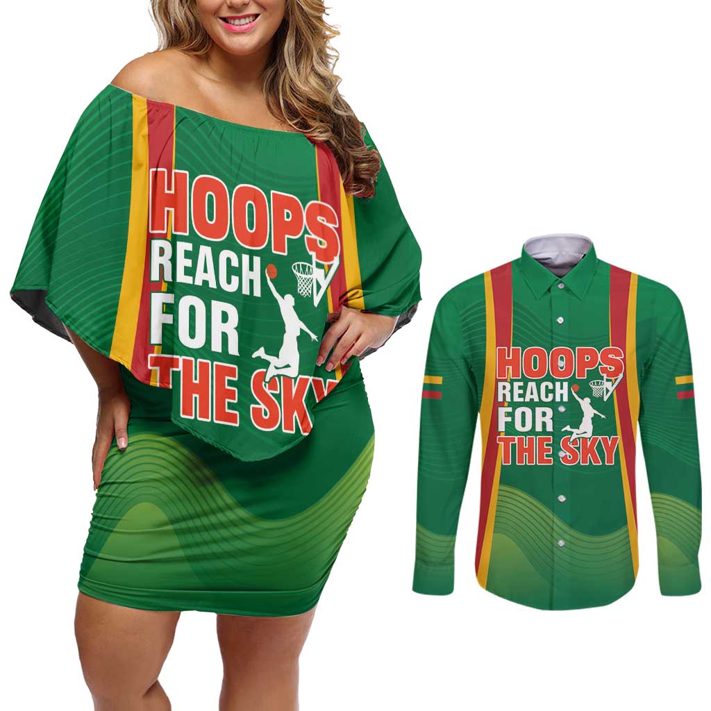 Custom Lithuania Basketball Couples Matching Off Shoulder Short Dress and Long Sleeve Button Shirt Hoops Reach For the Sky