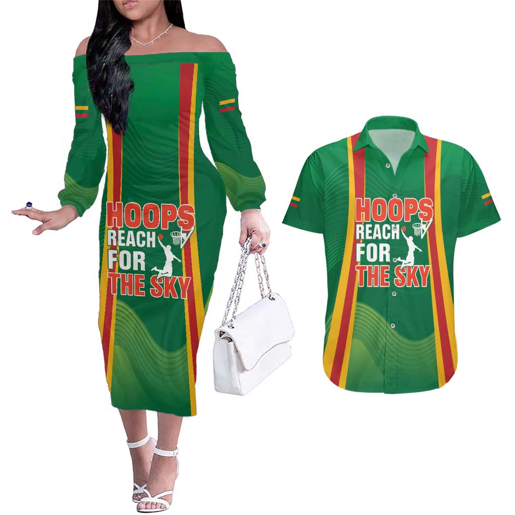 Custom Lithuania Basketball Couples Matching Off The Shoulder Long Sleeve Dress and Hawaiian Shirt Hoops Reach For the Sky