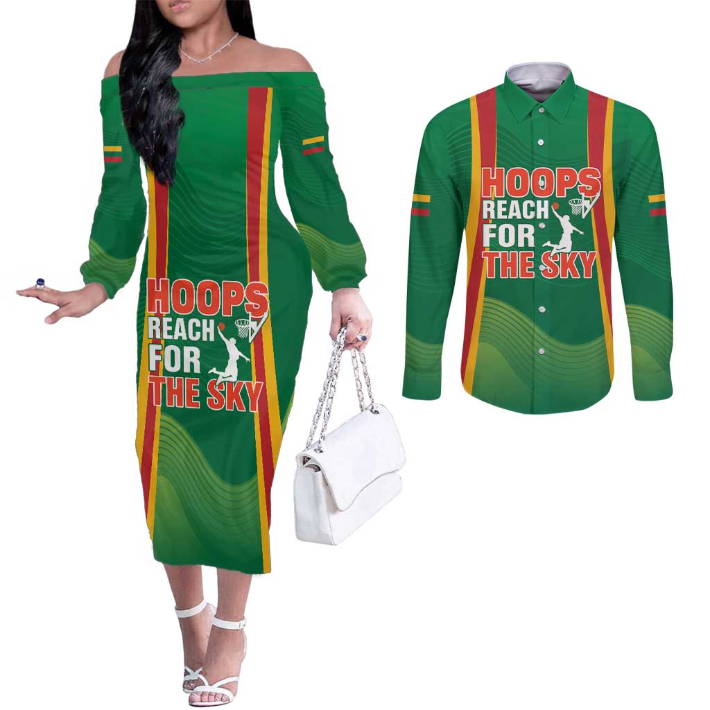 Custom Lithuania Basketball Couples Matching Off The Shoulder Long Sleeve Dress and Long Sleeve Button Shirt Hoops Reach For the Sky
