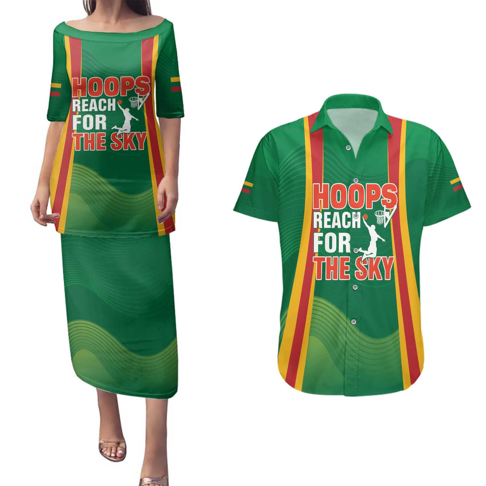 Custom Lithuania Basketball Couples Matching Puletasi and Hawaiian Shirt Hoops Reach For the Sky
