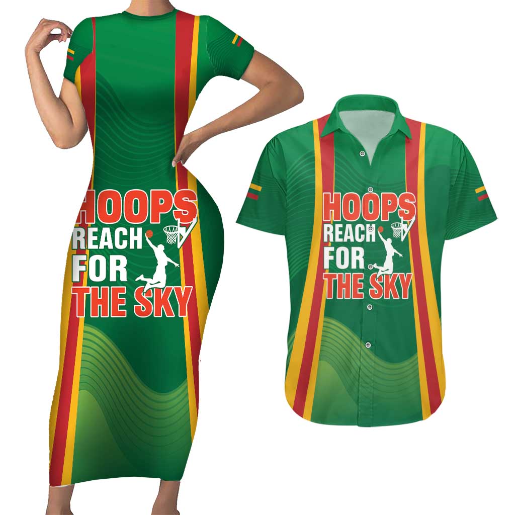Custom Lithuania Basketball Couples Matching Short Sleeve Bodycon Dress and Hawaiian Shirt Hoops Reach For the Sky