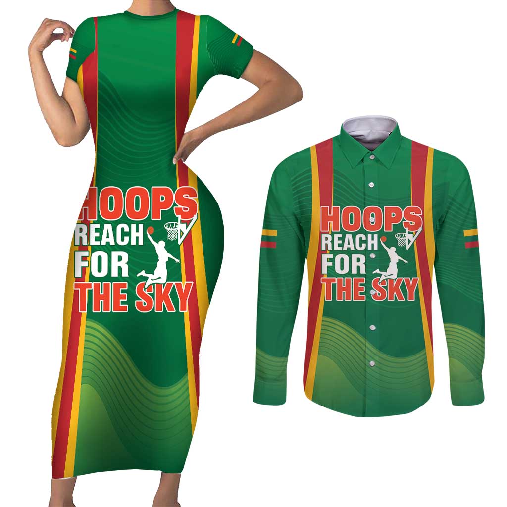 Custom Lithuania Basketball Couples Matching Short Sleeve Bodycon Dress and Long Sleeve Button Shirt Hoops Reach For the Sky