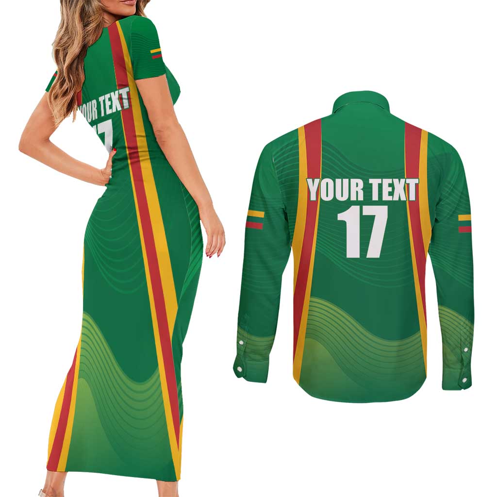 Custom Lithuania Basketball Couples Matching Short Sleeve Bodycon Dress and Long Sleeve Button Shirt Hoops Reach For the Sky