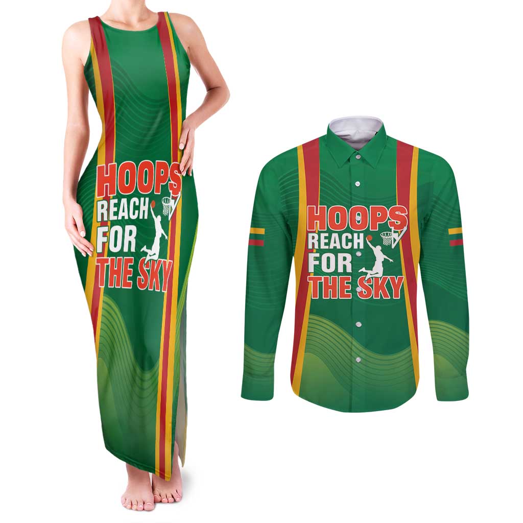 Custom Lithuania Basketball Couples Matching Tank Maxi Dress and Long Sleeve Button Shirt Hoops Reach For the Sky