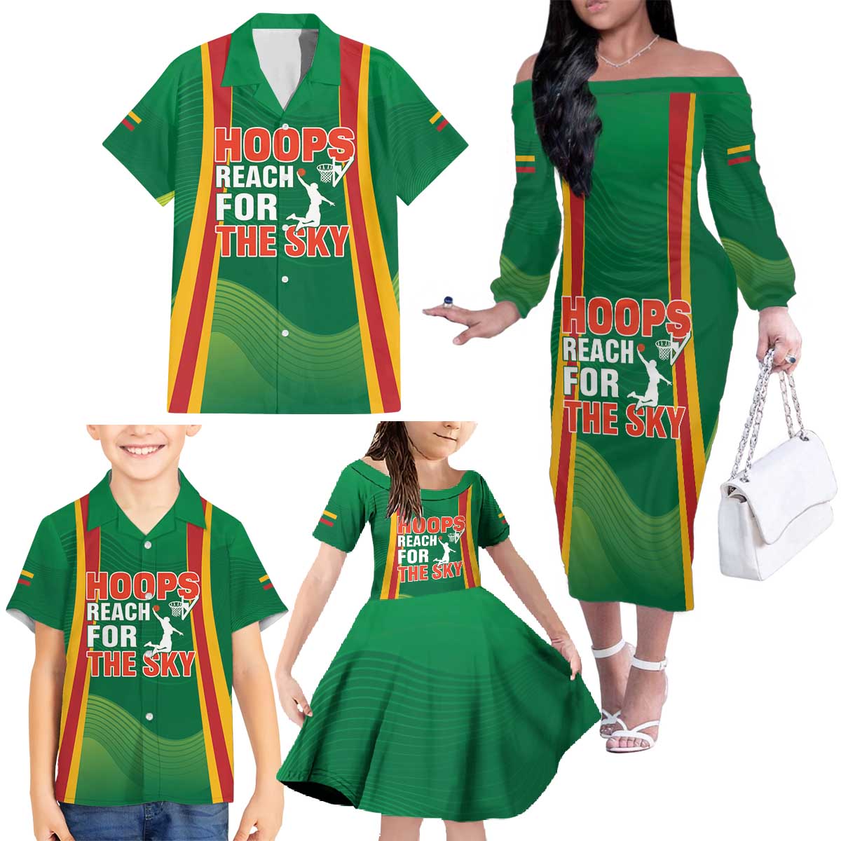 Custom Lithuania Basketball Family Matching Off The Shoulder Long Sleeve Dress and Hawaiian Shirt Hoops Reach For the Sky