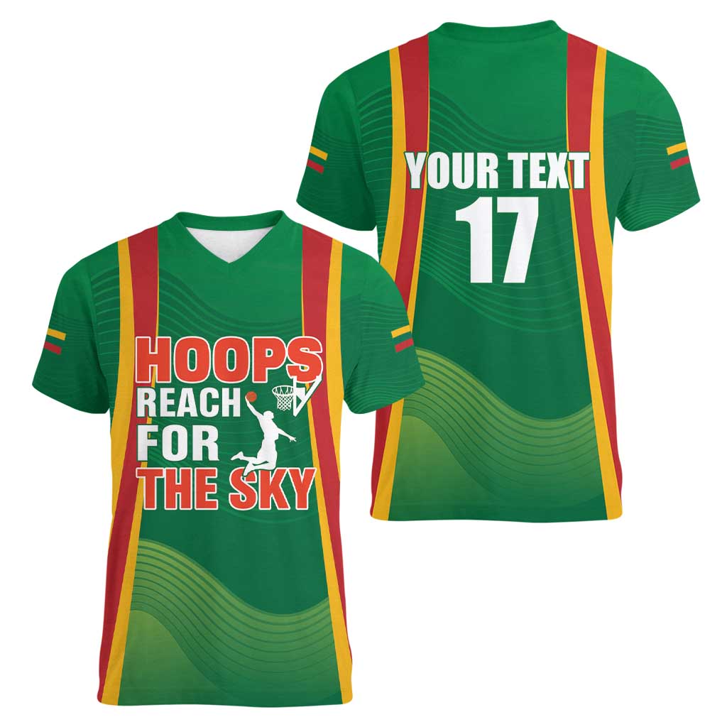 Custom Lithuania Basketball Women V-Neck T-Shirt Hoops Reach For the Sky