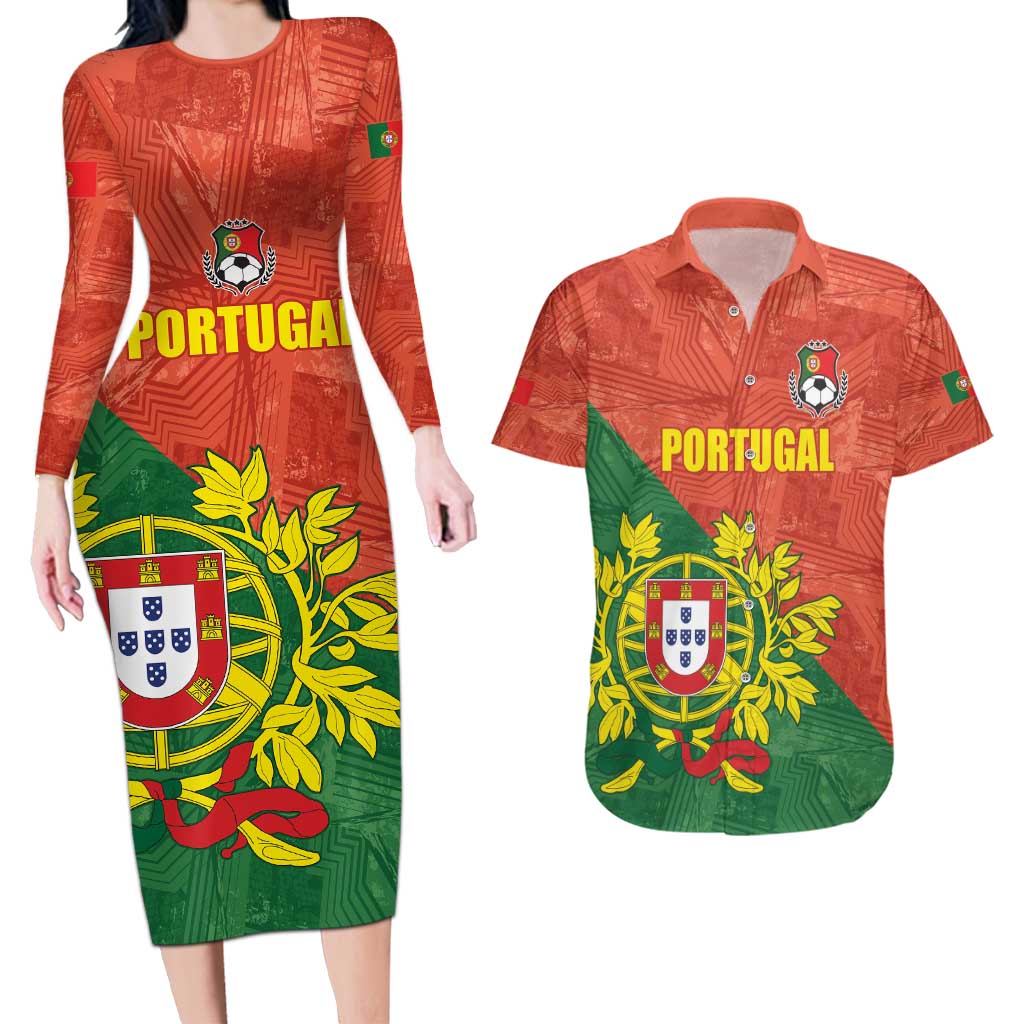 Custom Portugal Football Couples Matching Long Sleeve Bodycon Dress and Hawaiian Shirt Sporty Style