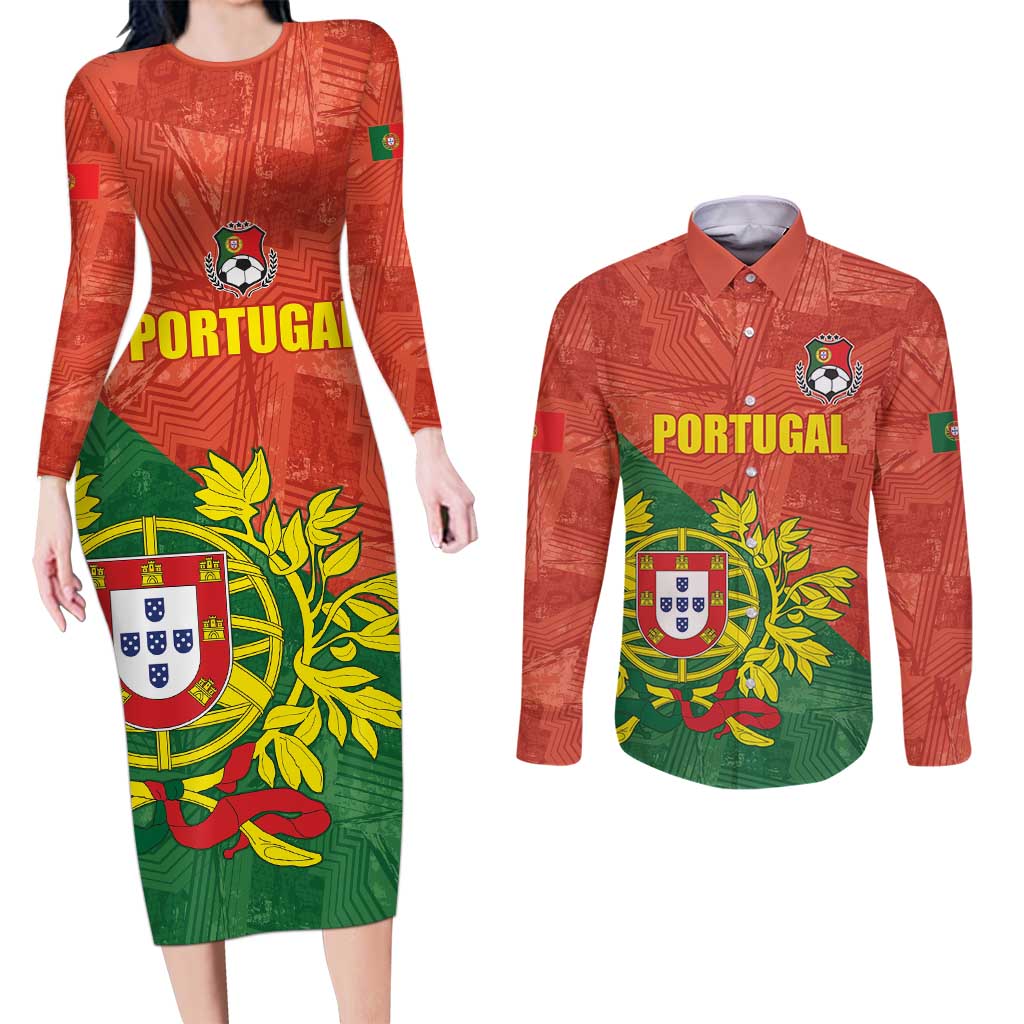 Custom Portugal Football Couples Matching Long Sleeve Bodycon Dress and Long Sleeve Button Shirt Sporty Style