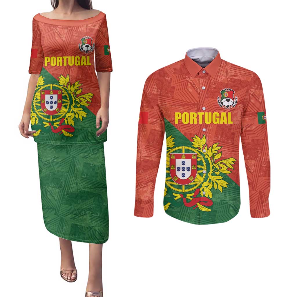 Custom Portugal Football Couples Matching Puletasi and Long Sleeve Button Shirt Sporty Style
