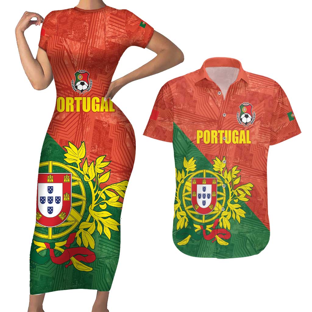 Custom Portugal Football Couples Matching Short Sleeve Bodycon Dress and Hawaiian Shirt Sporty Style