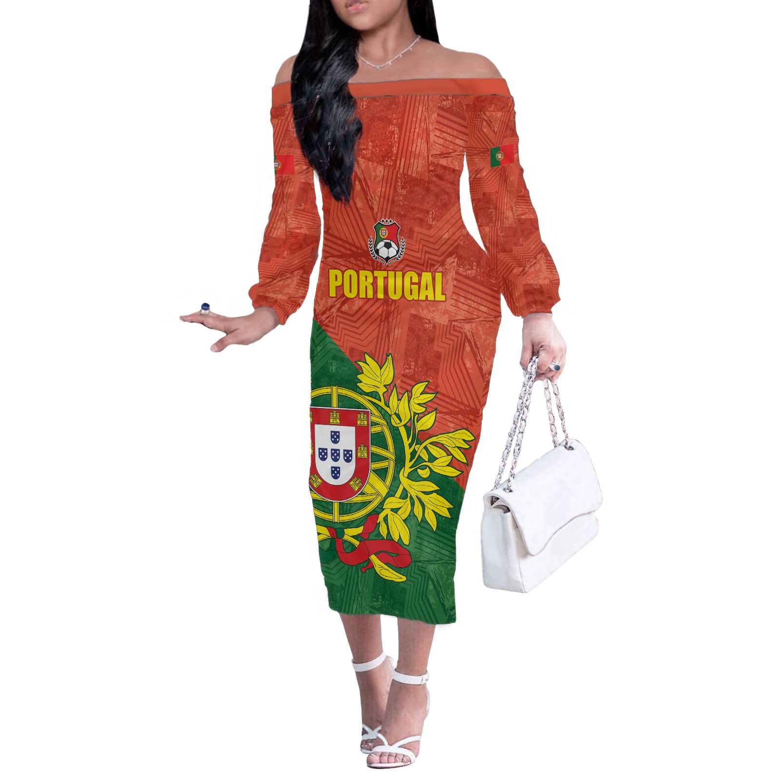 Custom Portugal Football Off The Shoulder Long Sleeve Dress Sporty Style