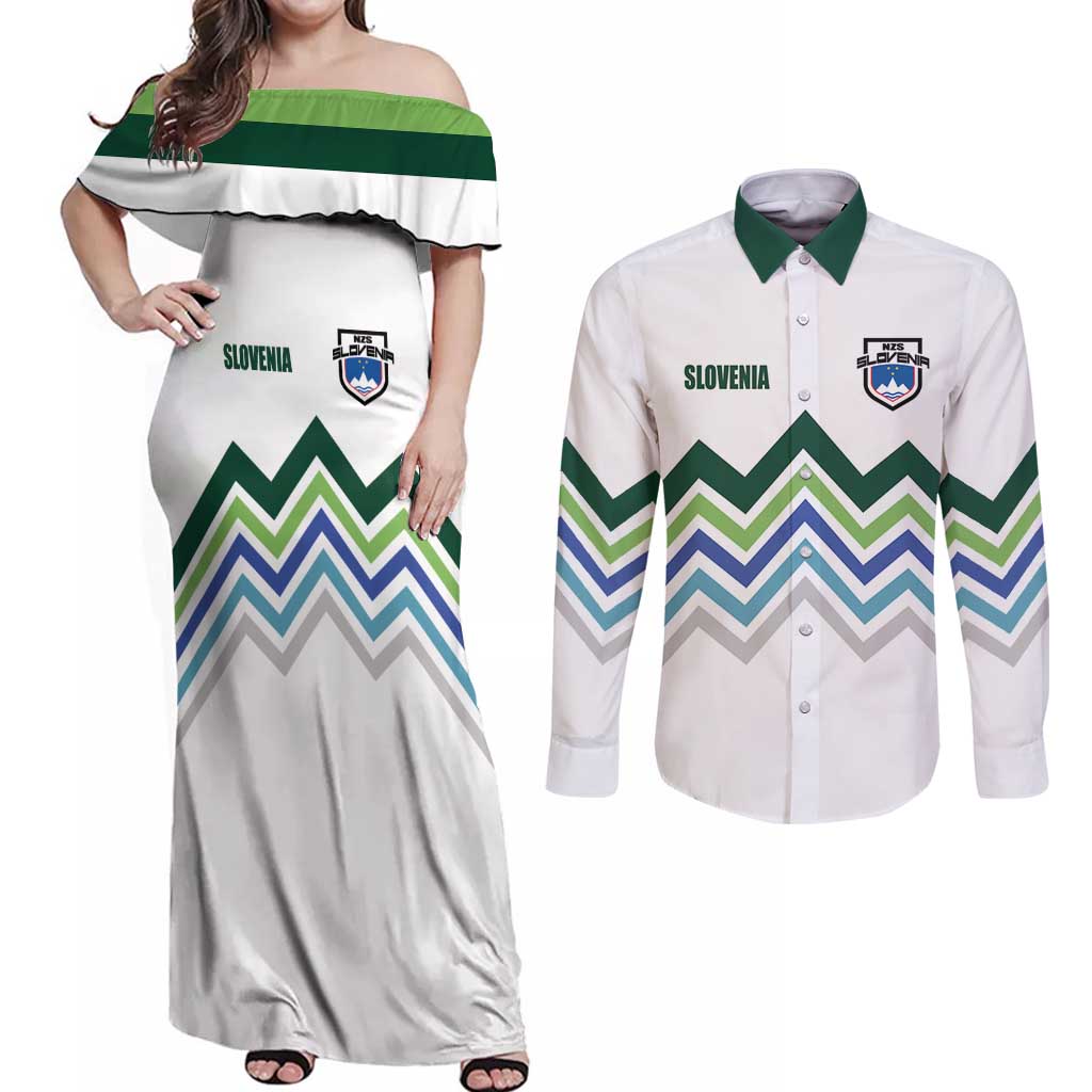 Custom Slovenia Football Couples Matching Off Shoulder Maxi Dress and Long Sleeve Button Shirt Sporty Style