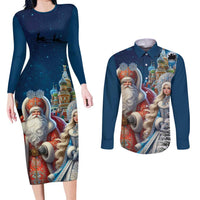 Russia Ded Moroz and Snegurochka Couples Matching Long Sleeve Bodycon Dress and Long Sleeve Button Shirt Orthodox Christmas Slavic Mythology