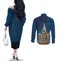 Russia Ded Moroz and Snegurochka Couples Matching Off The Shoulder Long Sleeve Dress and Long Sleeve Button Shirt Orthodox Christmas Slavic Mythology