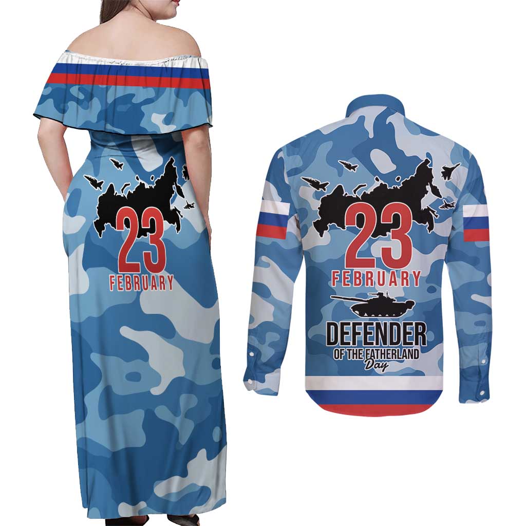 Russia Defender of the Fatherland Day Couples Matching Off Shoulder Maxi Dress and Long Sleeve Button Shirt 23th February